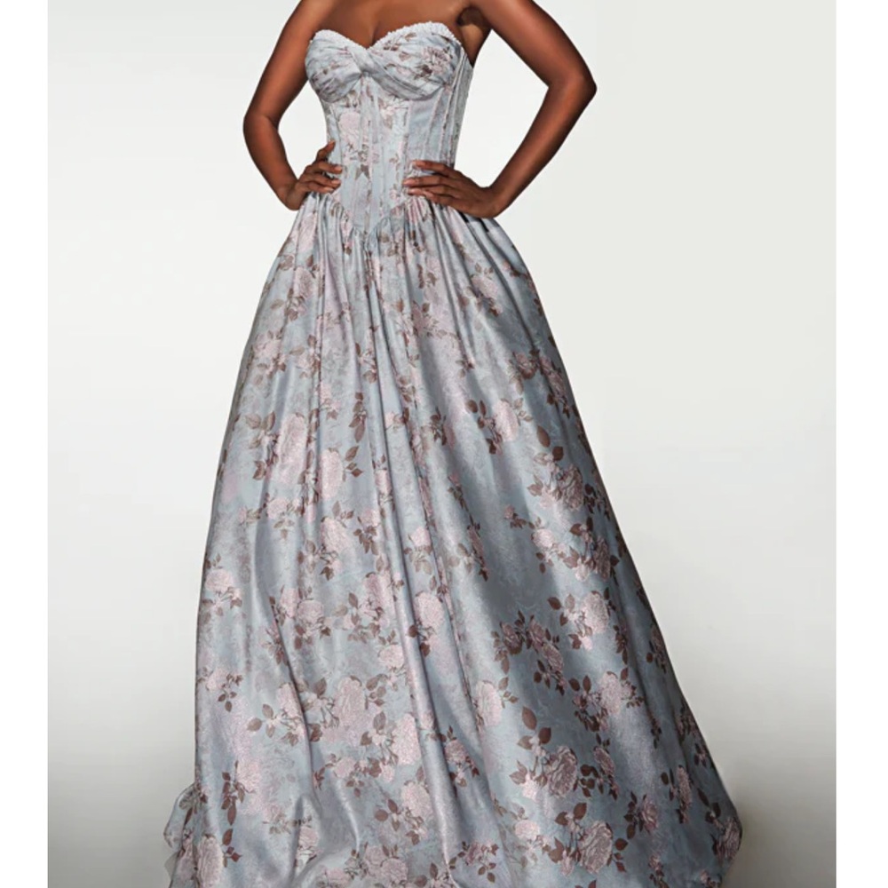 PROM DRESAlyce Paris Strapless Brocade Ball Gown in Light Blue with Rose Accents